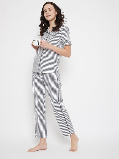 White Striped Slim Fit Night Suits - Women Night Suits