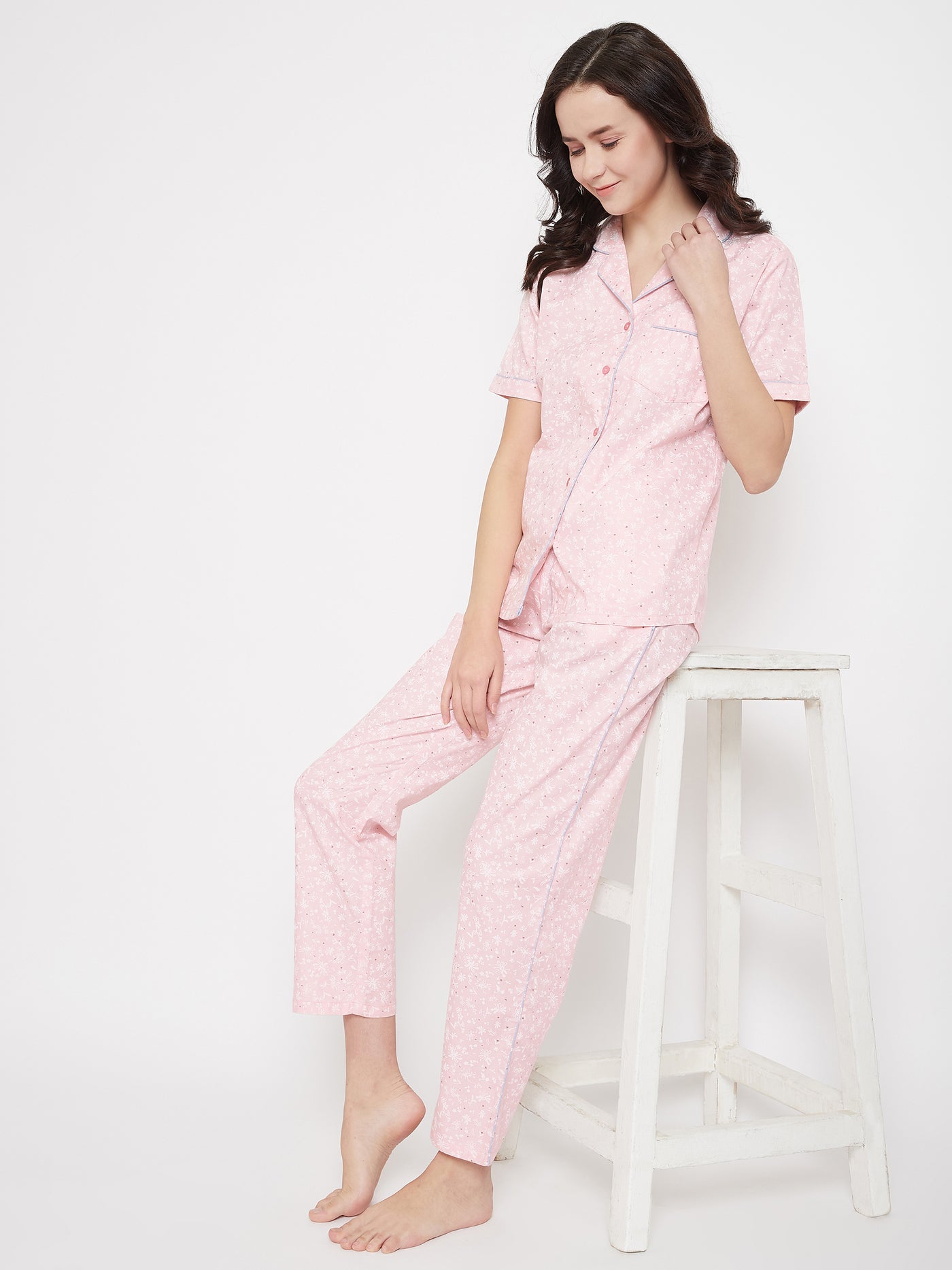 Pink Printed Slim Fit Night Suits - Women Night Suits