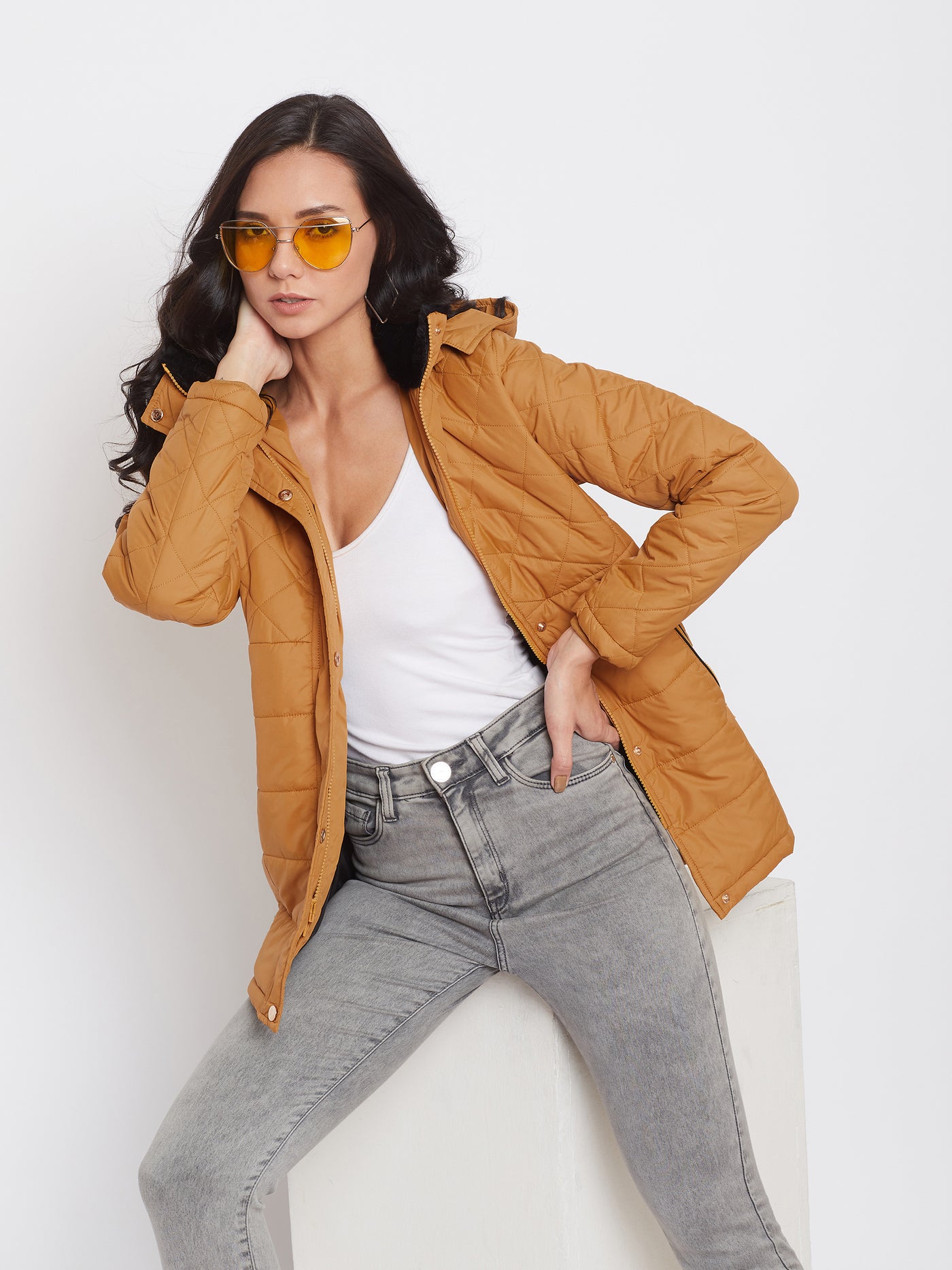 Mustard Solid Hooded Jackets-Women Jackets-Crimsoune Club