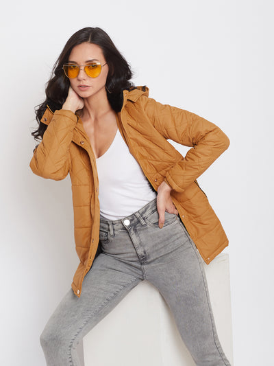 Mustard Solid Hooded Jackets-Women Jackets-Crimsoune Club