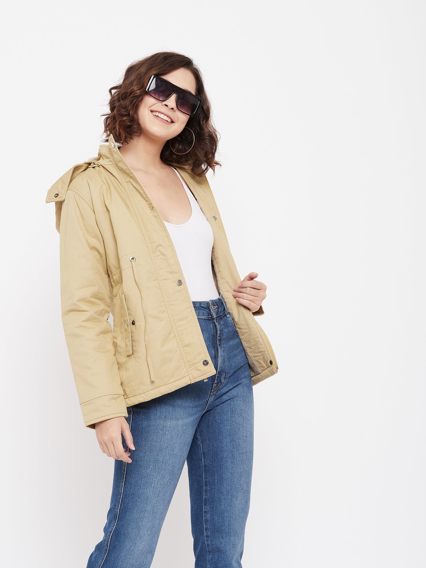 Beige Detachable Hood Jacket - Women Jackets