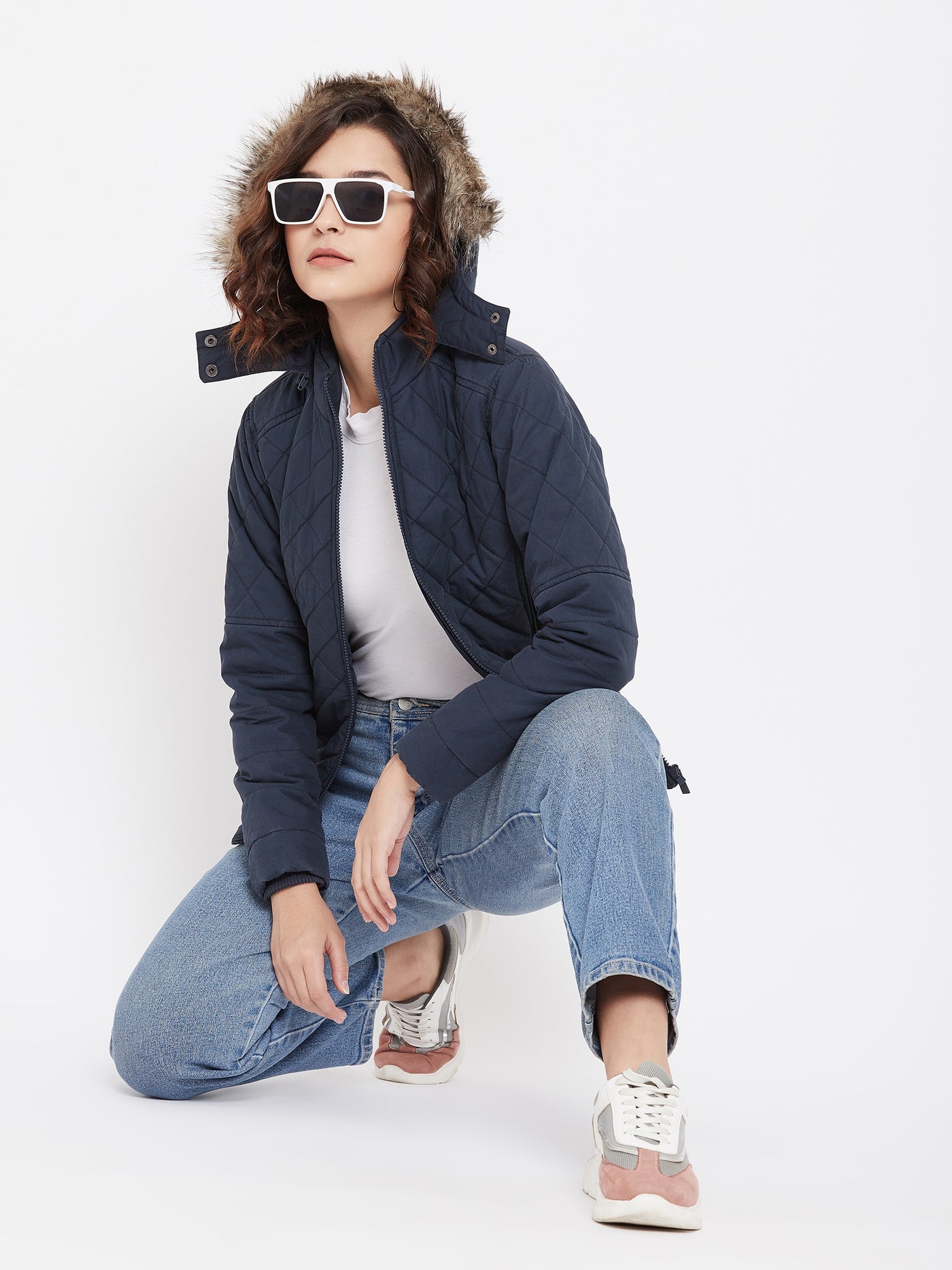 Navy Blue Hooded Jacket - Women Jackets