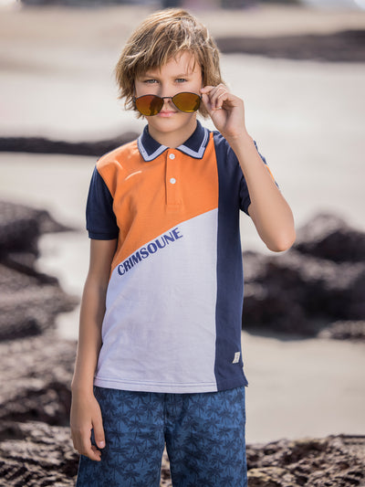 Orange Colorblocked Polo Neck T-Shirt - Boys T-Shirts