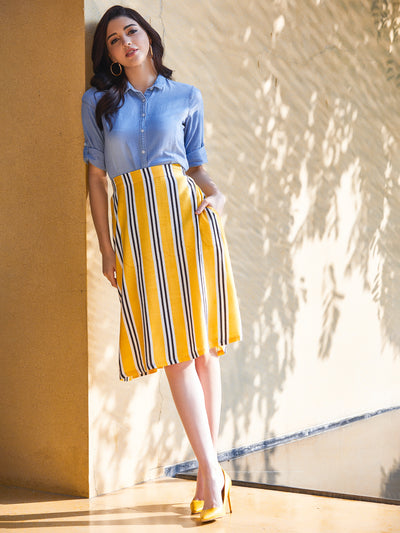 Yellow Striped Comfort Fit Skirt - Women Skirts