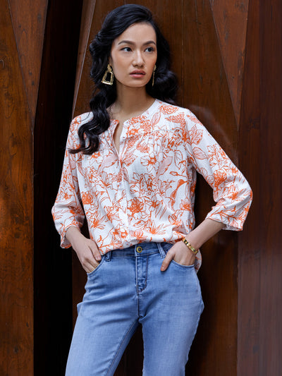 Orange Floral Printed Top - Women Tops