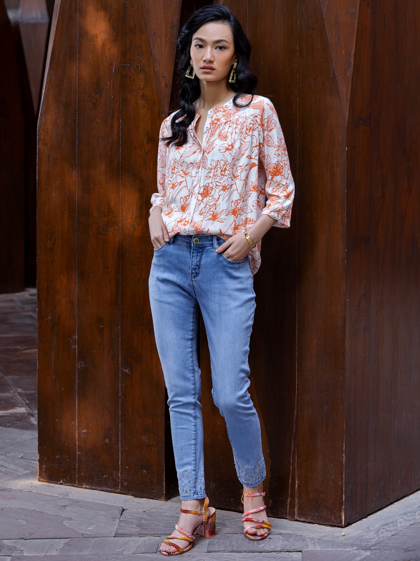 Orange Floral Printed Top - Women Tops