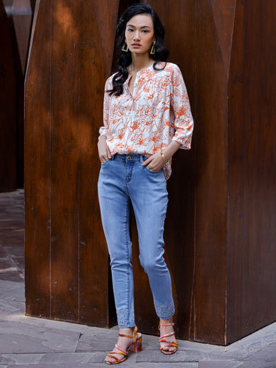 Orange Floral Printed Top - Women Tops