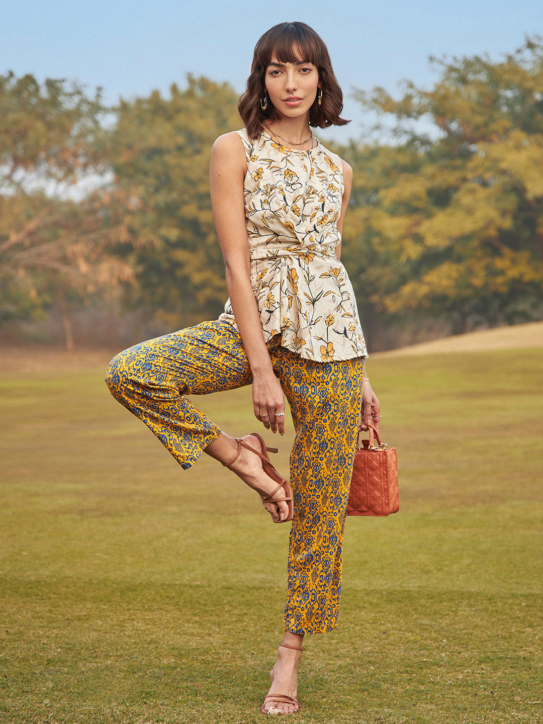 Yellow Floral Printed Knotted Top - Women Tops