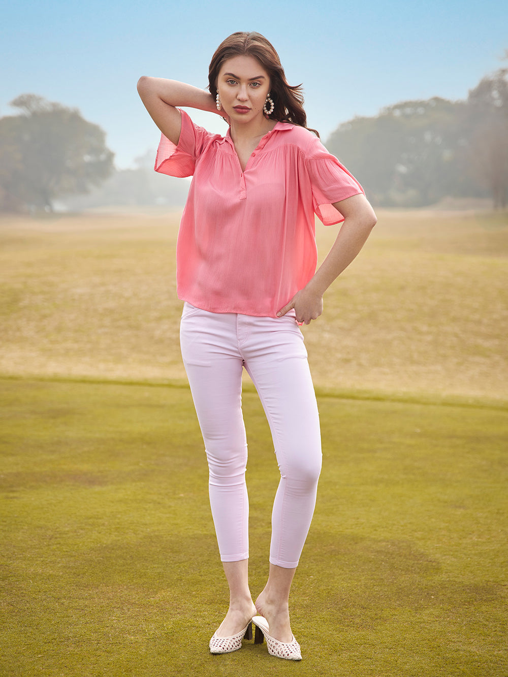 Pink Spread Collar Top - Women Tops