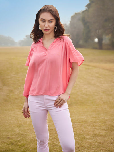 Pink Spread Collar Top - Women Tops