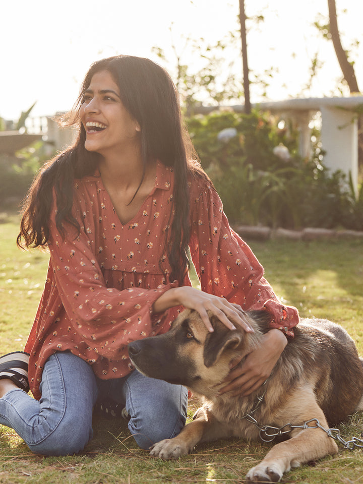 Orange Floral Empire Top-Women Tops-Crimsoune Club