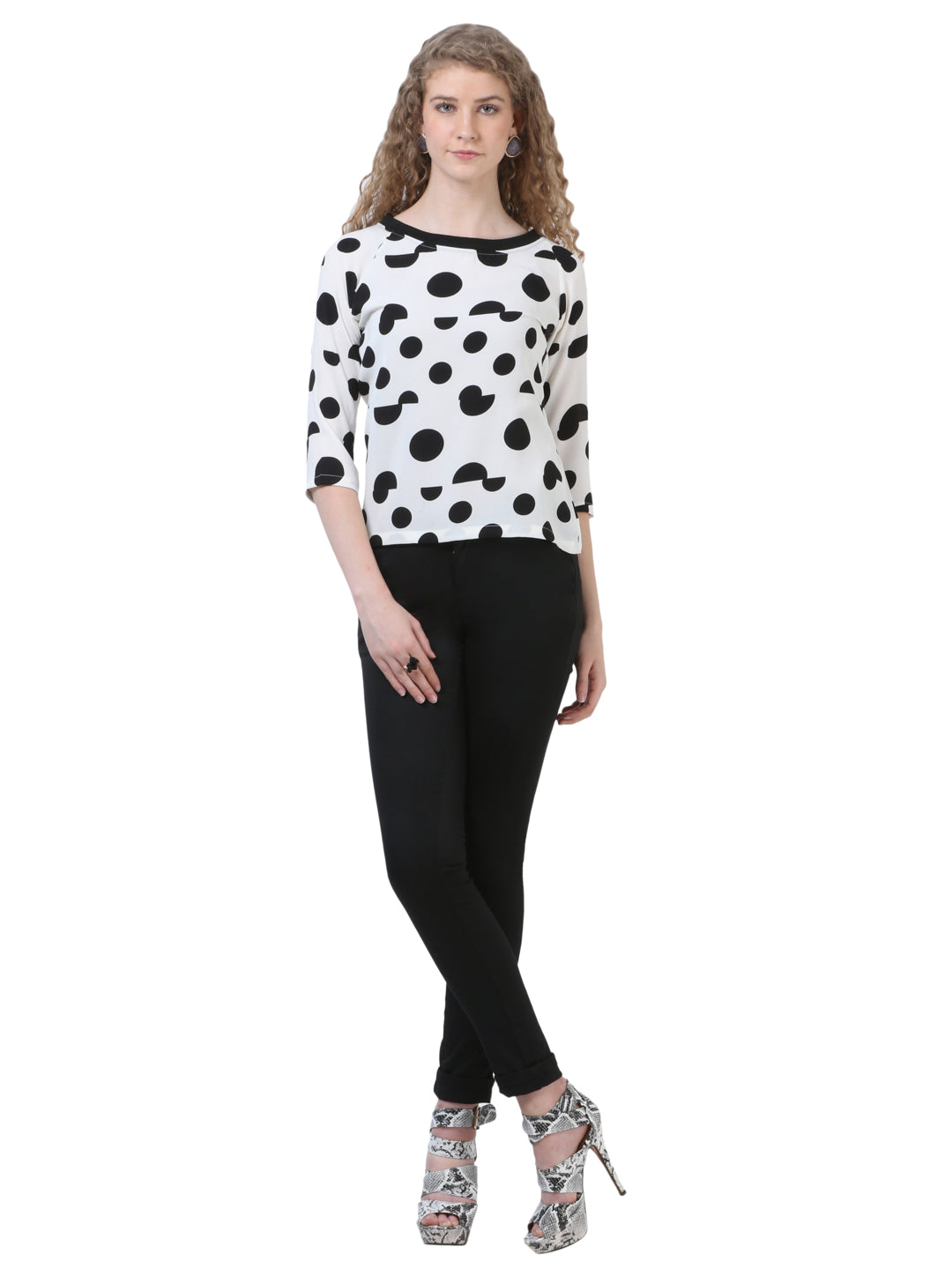 White Polka Dot Round Neck Top - Women Tops