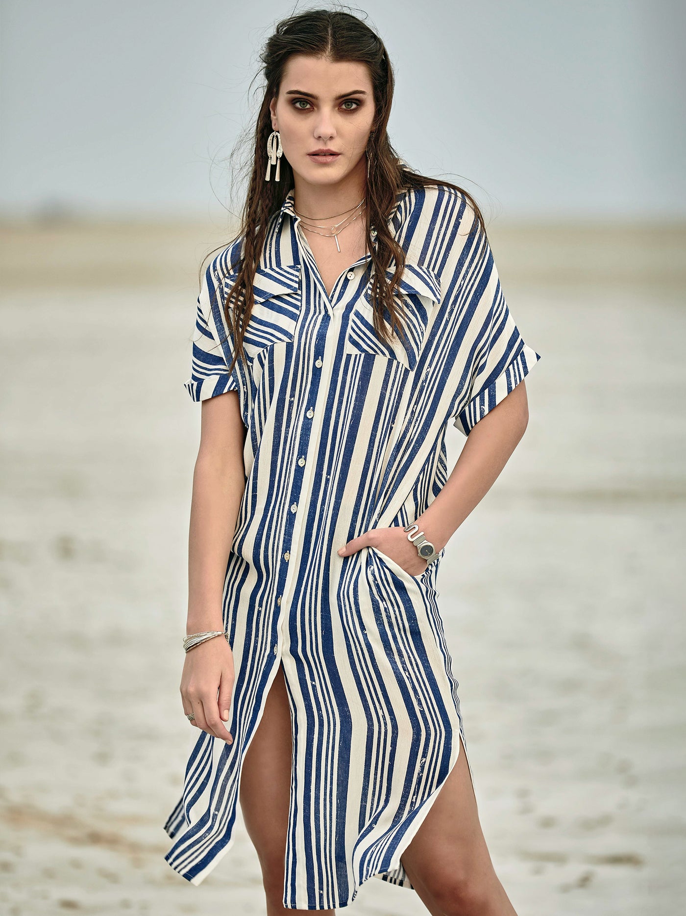 Blue and White Shirt Dress - Women Dresses