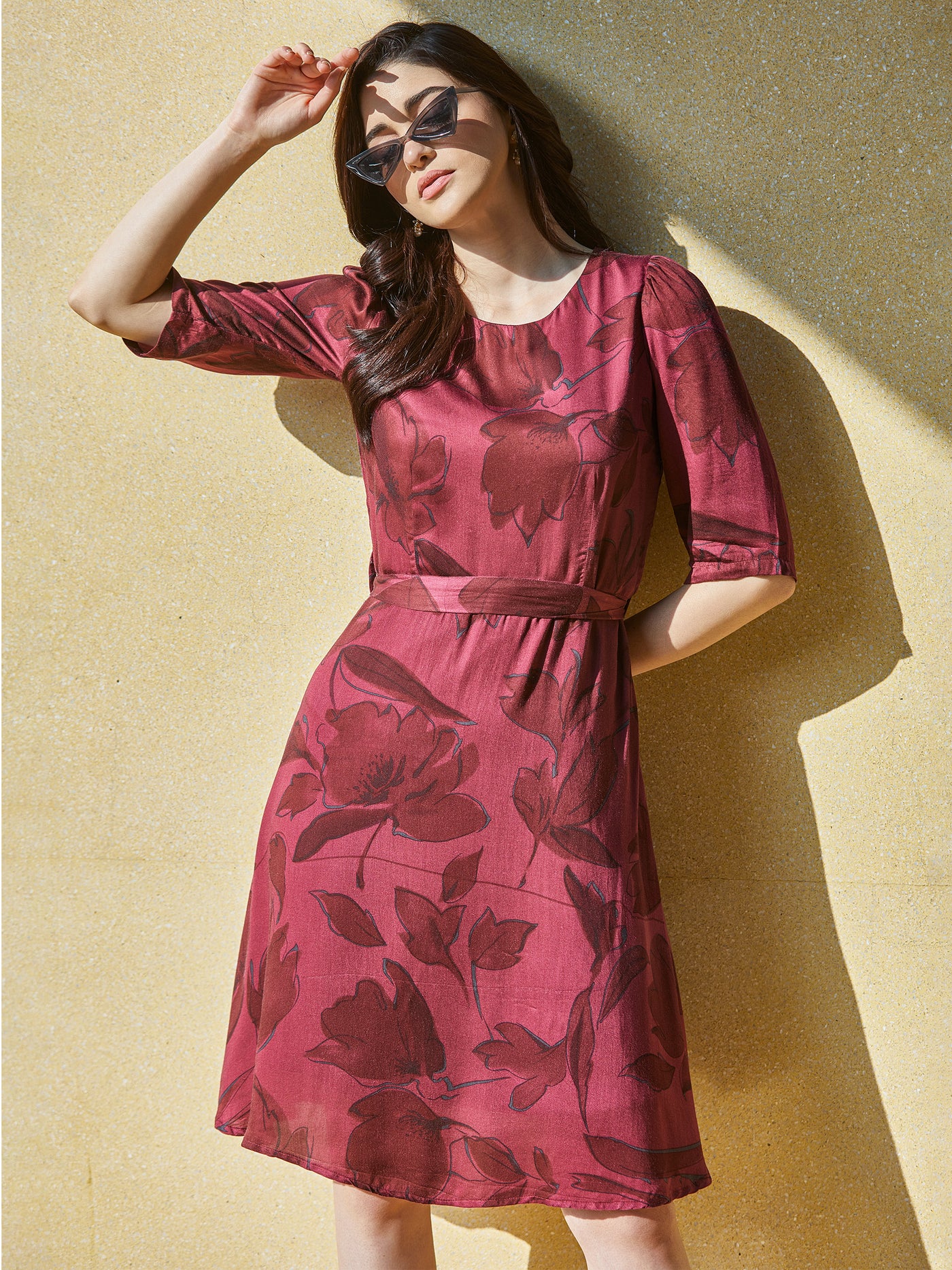 Maroon Floral Print A-line Dress - Women Dresses