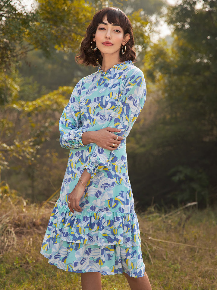 Light Blue Floral Ruffle Dress - Women Dresses