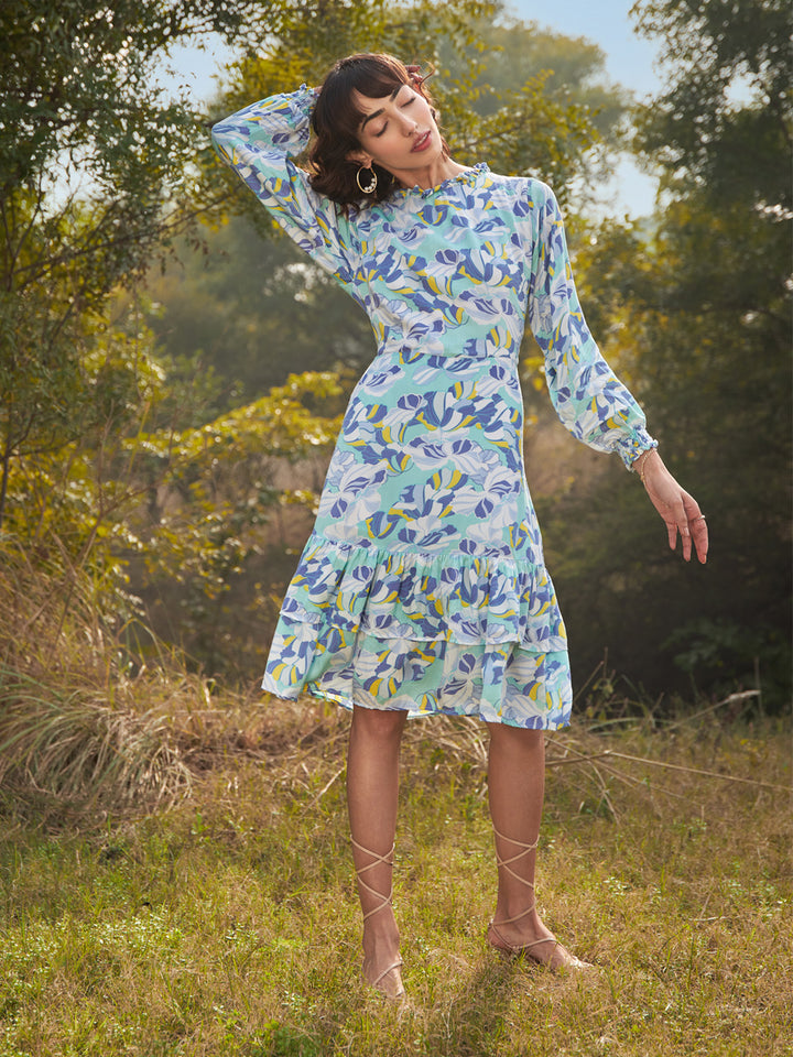 Light Blue Floral Ruffle Dress - Women Dresses
