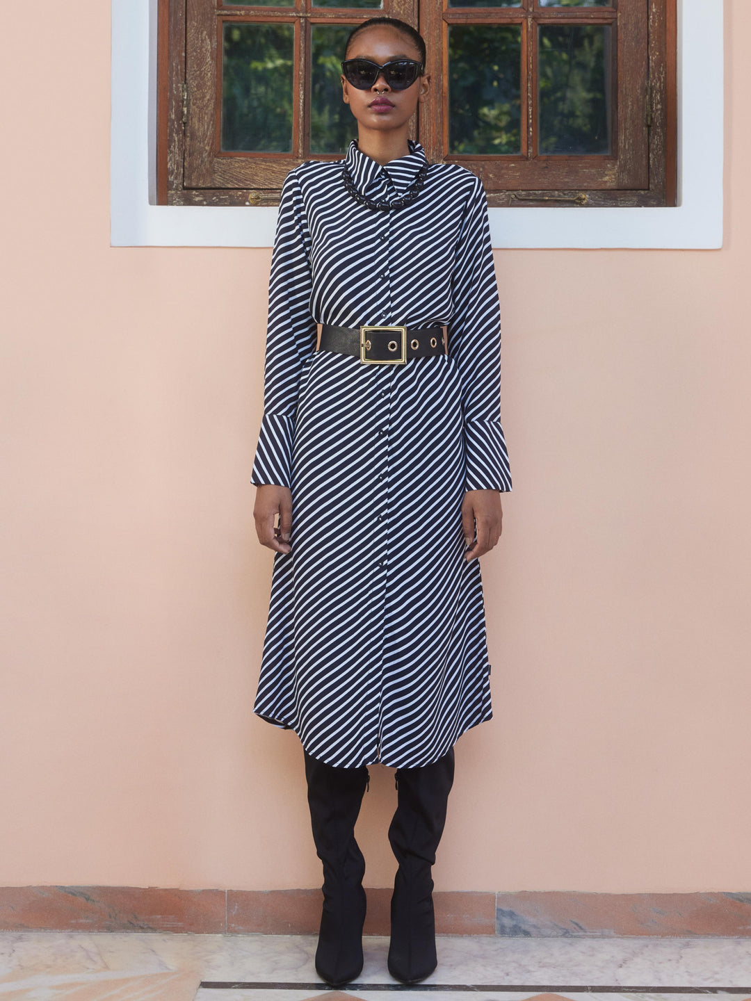  Striped Bell-Sleeved Dress