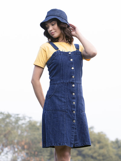 Blue Striped Pinafore Dress - Women Dresses