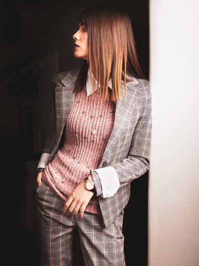 Grey Checked Notched Lapel Blazer - Women Blazer