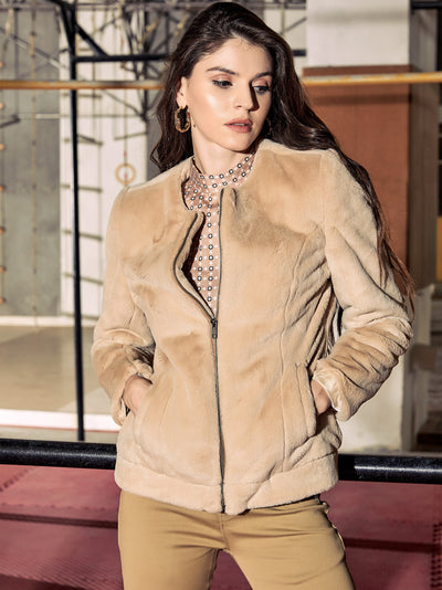 Beige Round Neck Fur Blazer - Women Blazer