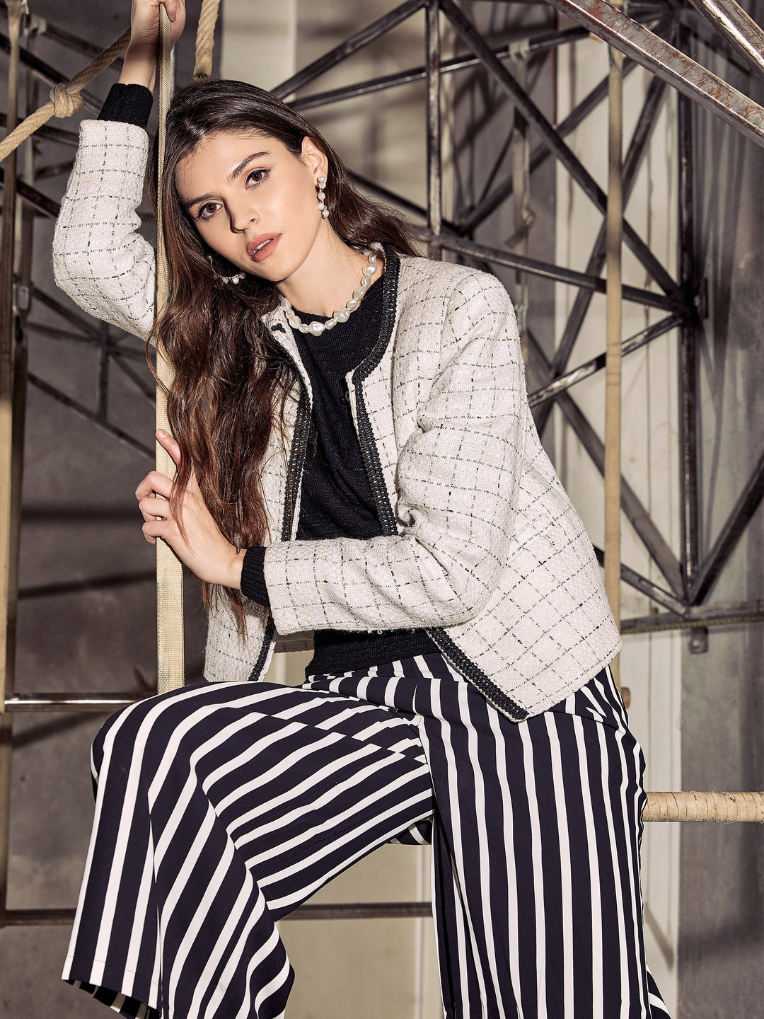 White Checked Round Neck Blazer - Women Blazer