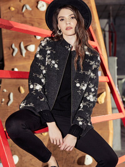 Black Embroidered Mandarin Blazer - Women Blazer