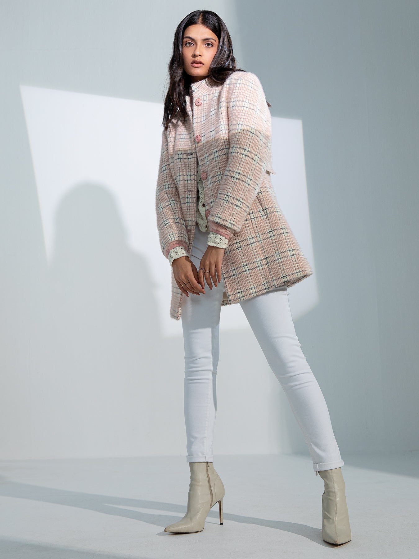 Pink Checked Longline Blazer-Women Blazer-Crimsoune Club