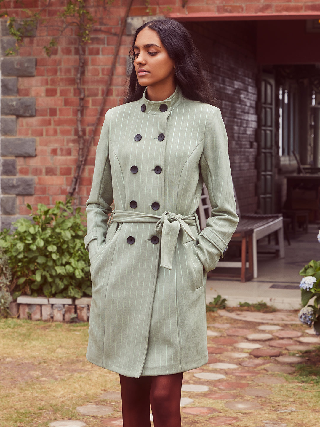 Light Green Striped Over-Coat-Women Coats-Crimsoune Club