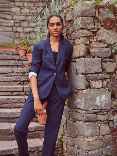 2 Piece Navy Blue Suit Set-Women Suit Sets-Crimsoune Club