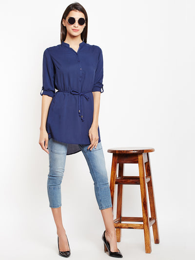 Roll up Sleeves waist Tie-Up Top - Women Tops