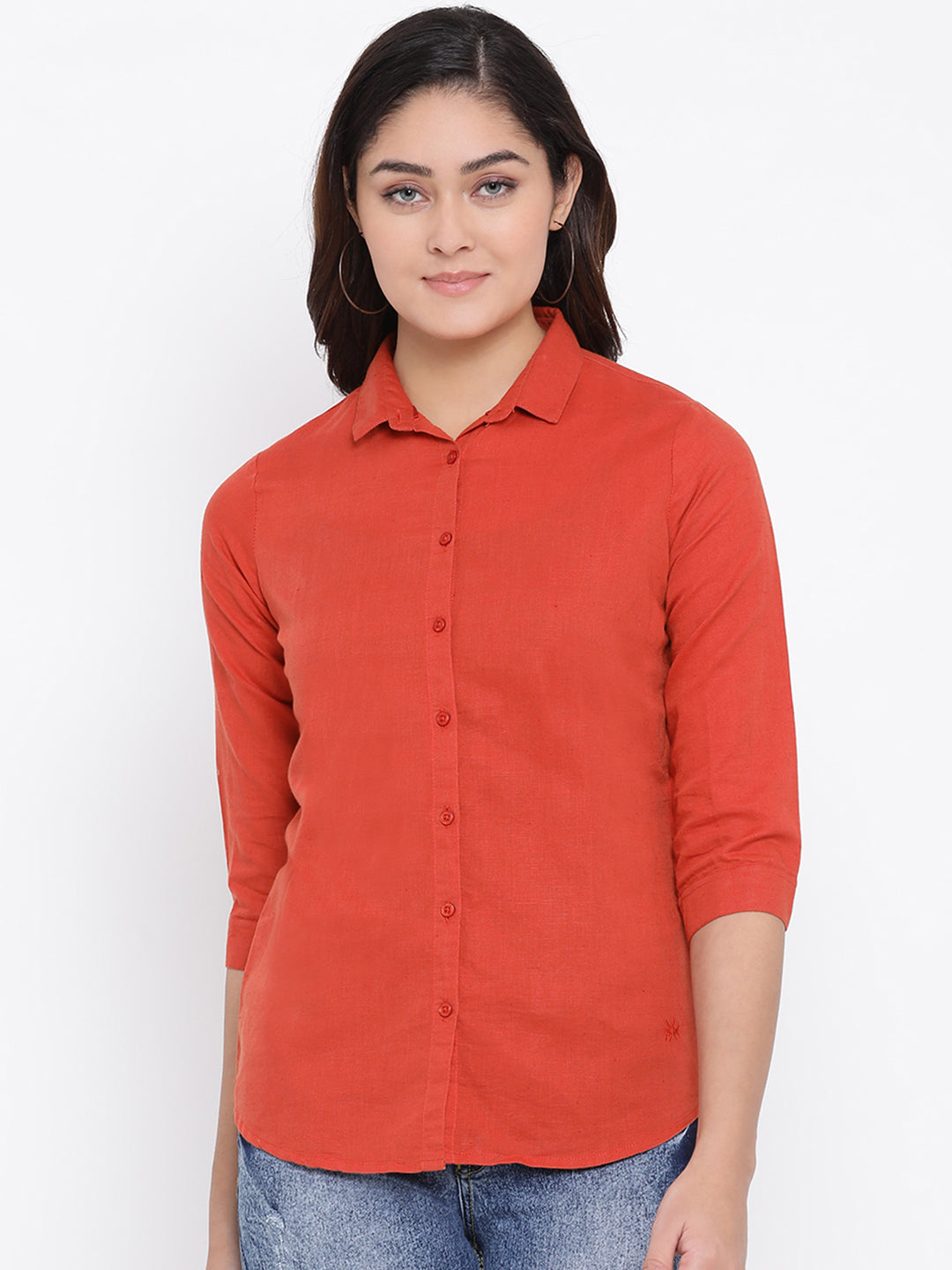 Red Slim Fit Linen Shirt - Women Shirts