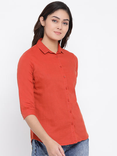 Red Slim Fit Linen Shirt - Women Shirts