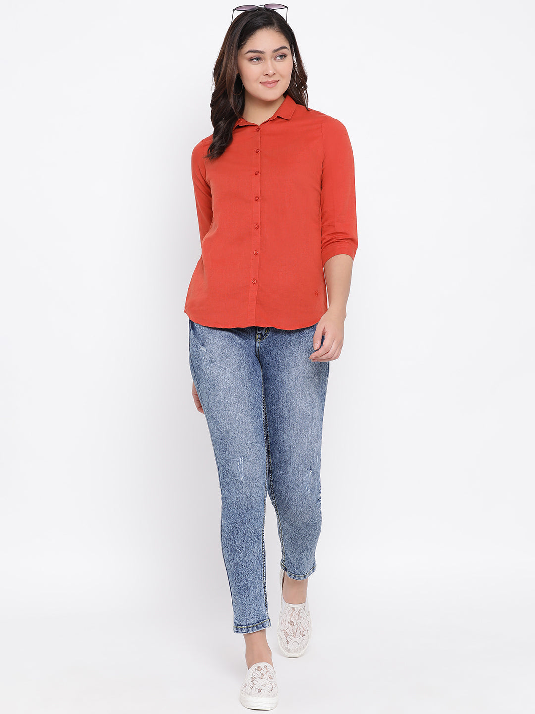 Red Slim Fit Linen Shirt - Women Shirts