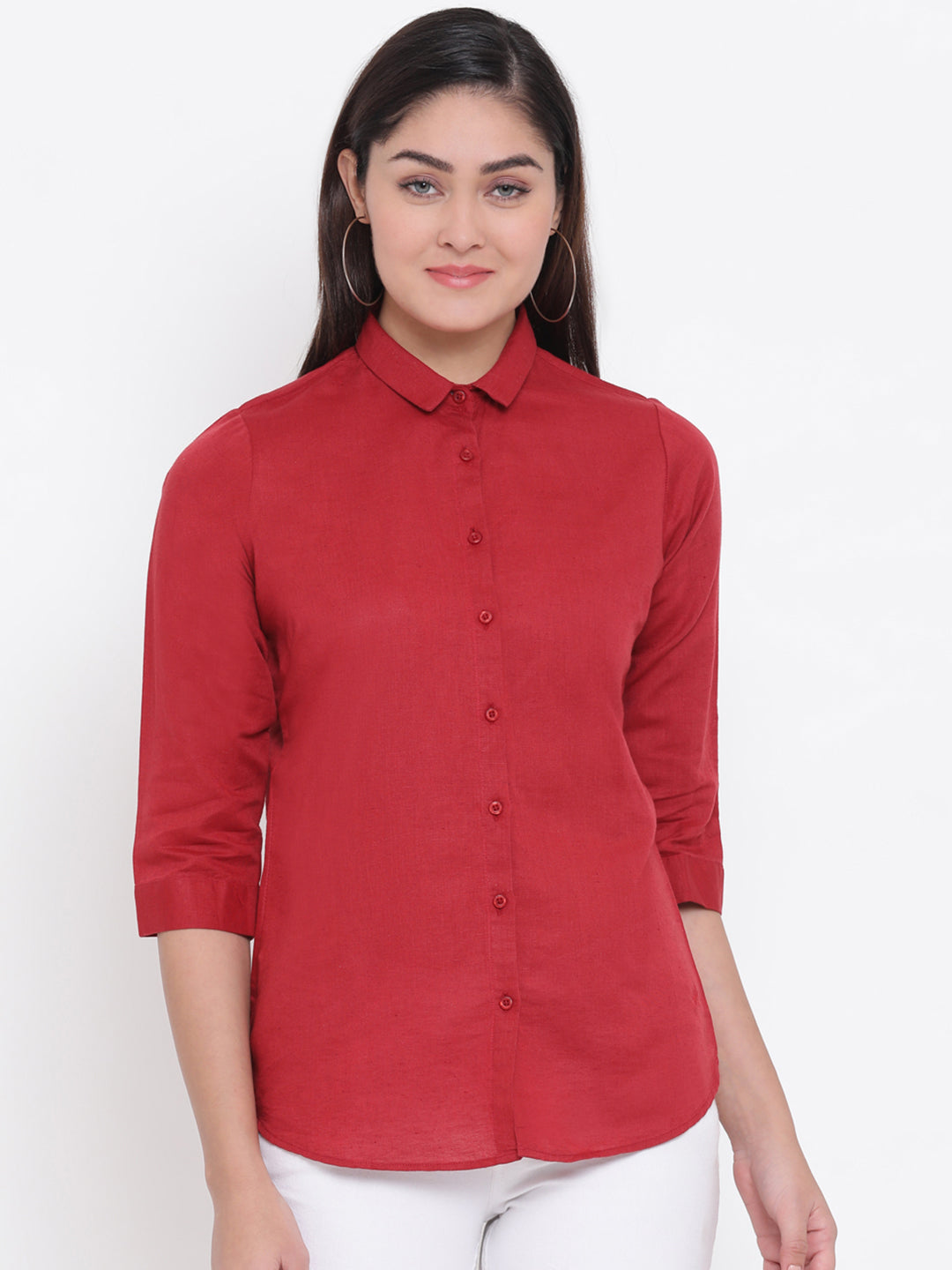 Red Linen Button up Shirt - Women Shirts