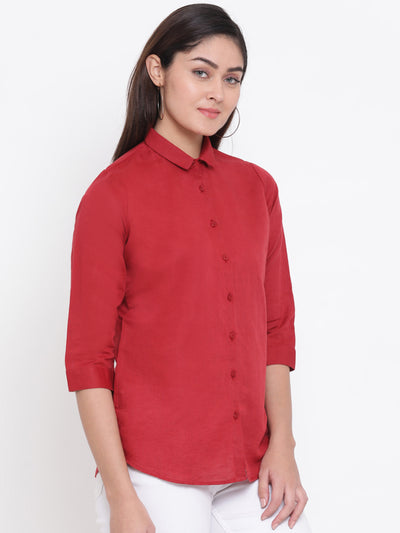 Red Linen Button up Shirt - Women Shirts