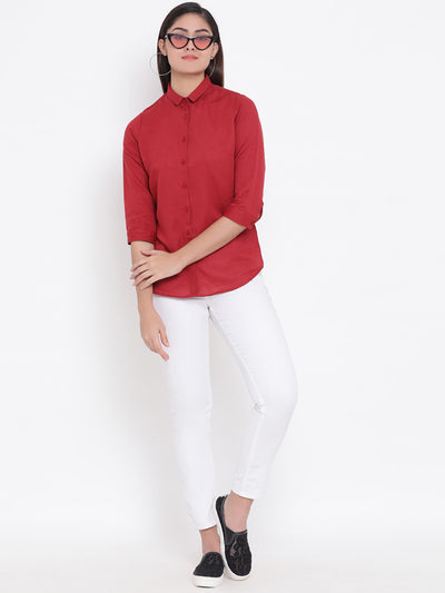 Red Linen Button up Shirt - Women Shirts