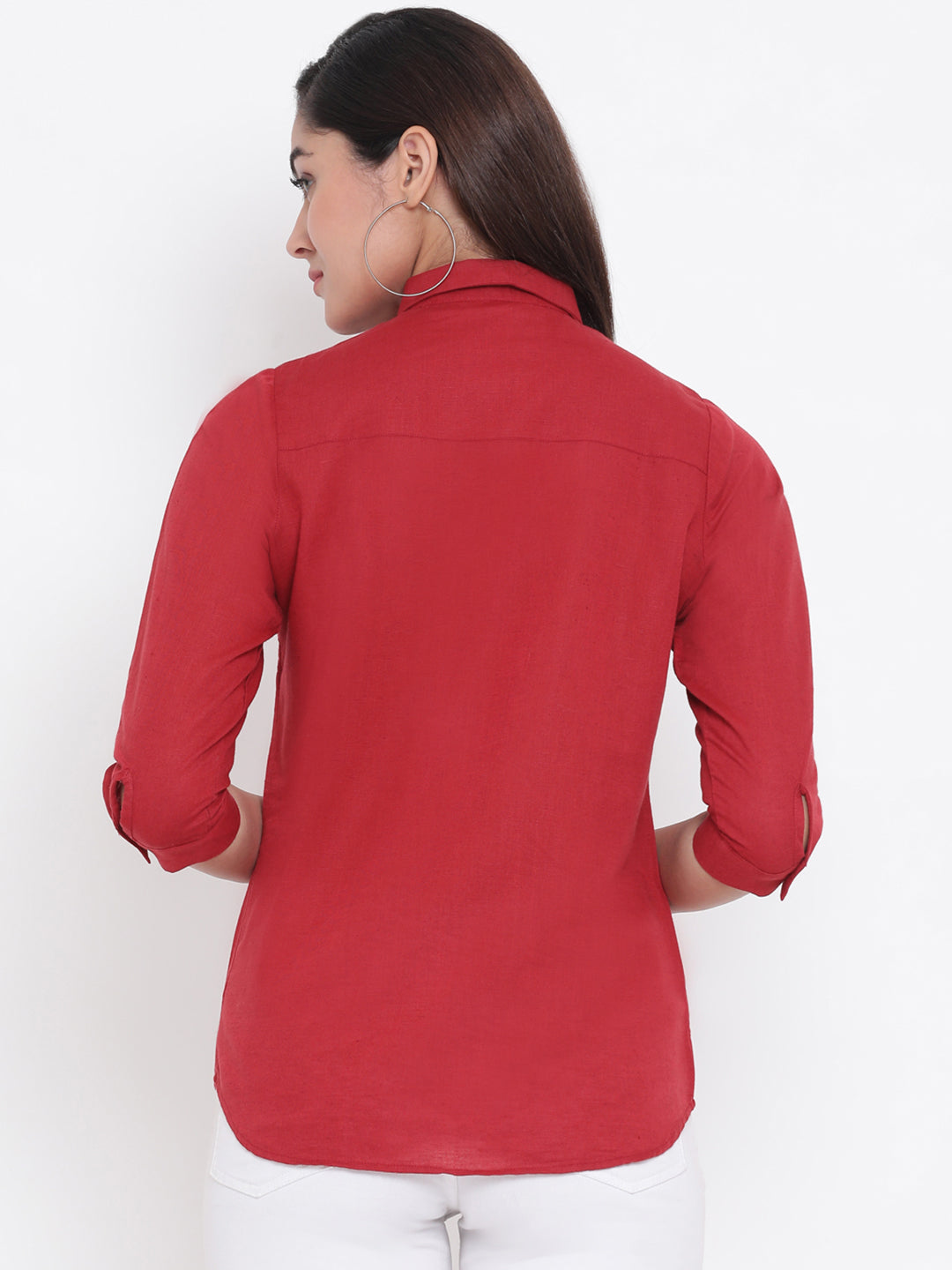 Red Linen Button up Shirt - Women Shirts