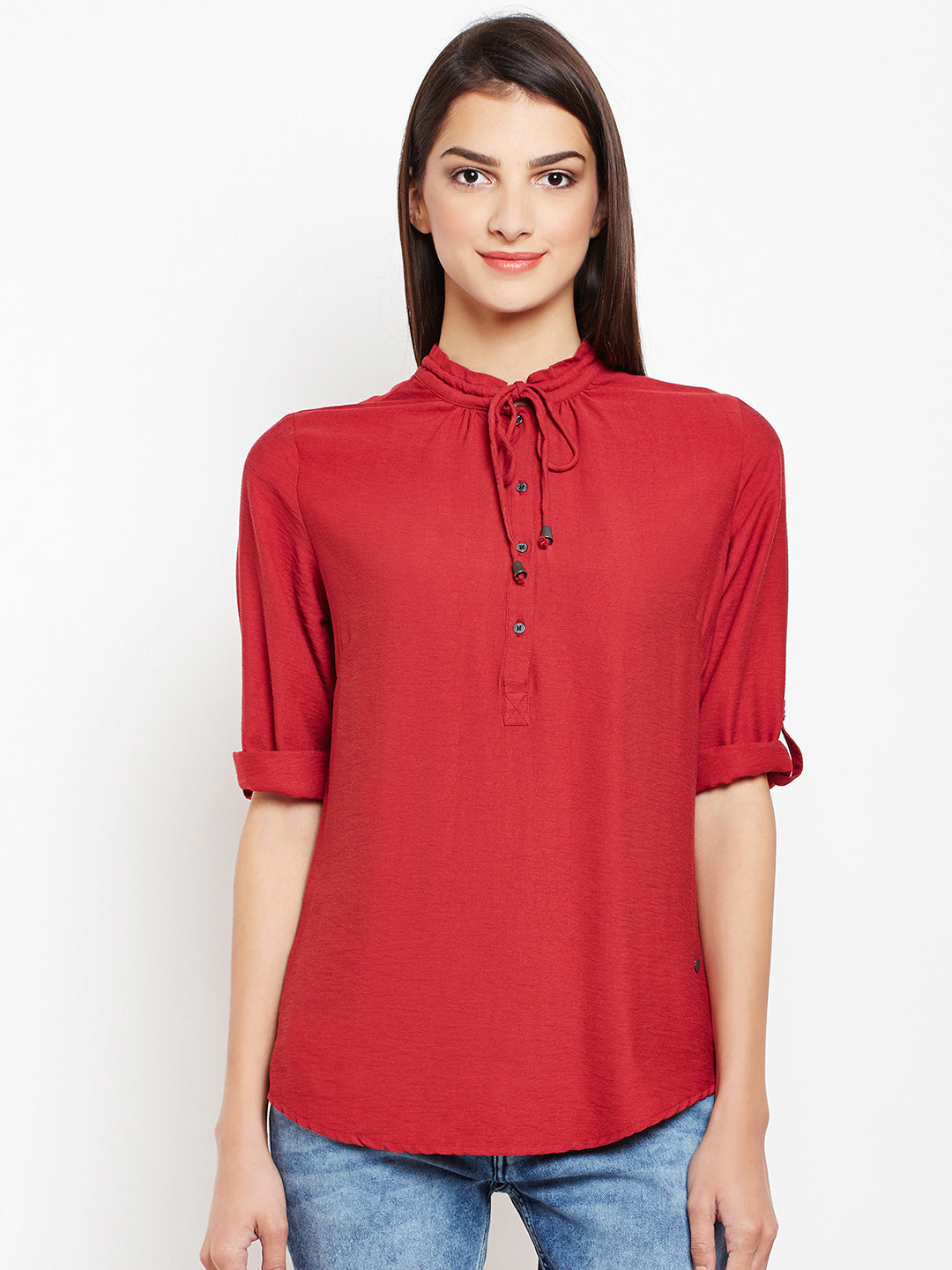 Red Tie-up Neck Roll up Sleeves Top - Women Tops