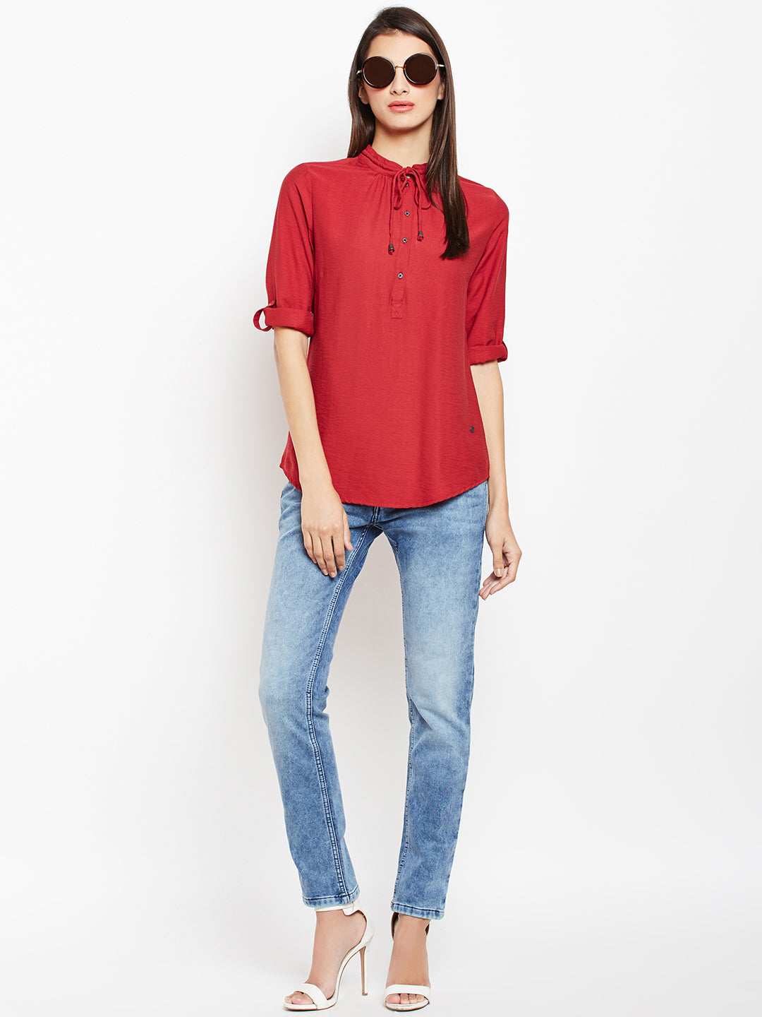 Red Tie-up Neck Roll up Sleeves Top - Women Tops