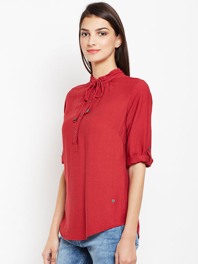 Red Tie-up Neck Roll up Sleeves Top - Women Tops