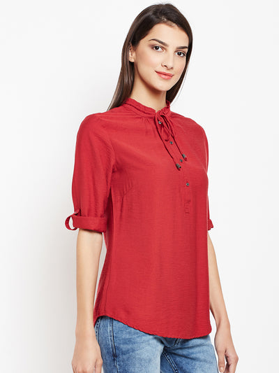 Red Tie-up Neck Roll up Sleeves Top - Women Tops
