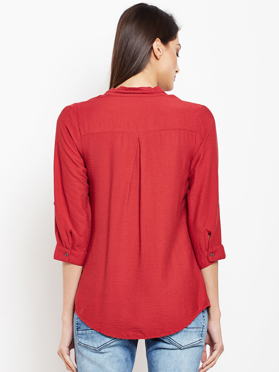 Red Tie-up Neck Roll up Sleeves Top - Women Tops