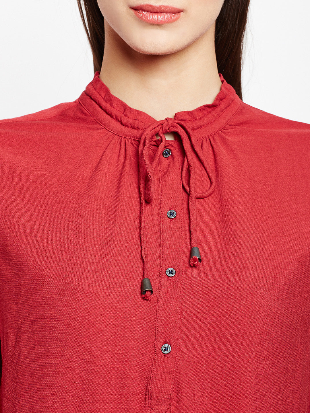 Red Tie-up Neck Roll up Sleeves Top - Women Tops