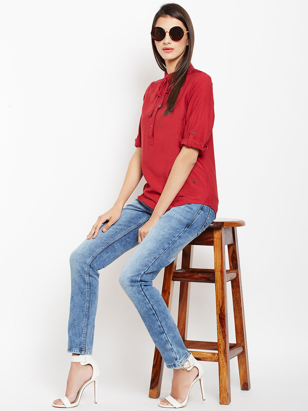 Red Tie-up Neck Roll up Sleeves Top - Women Tops