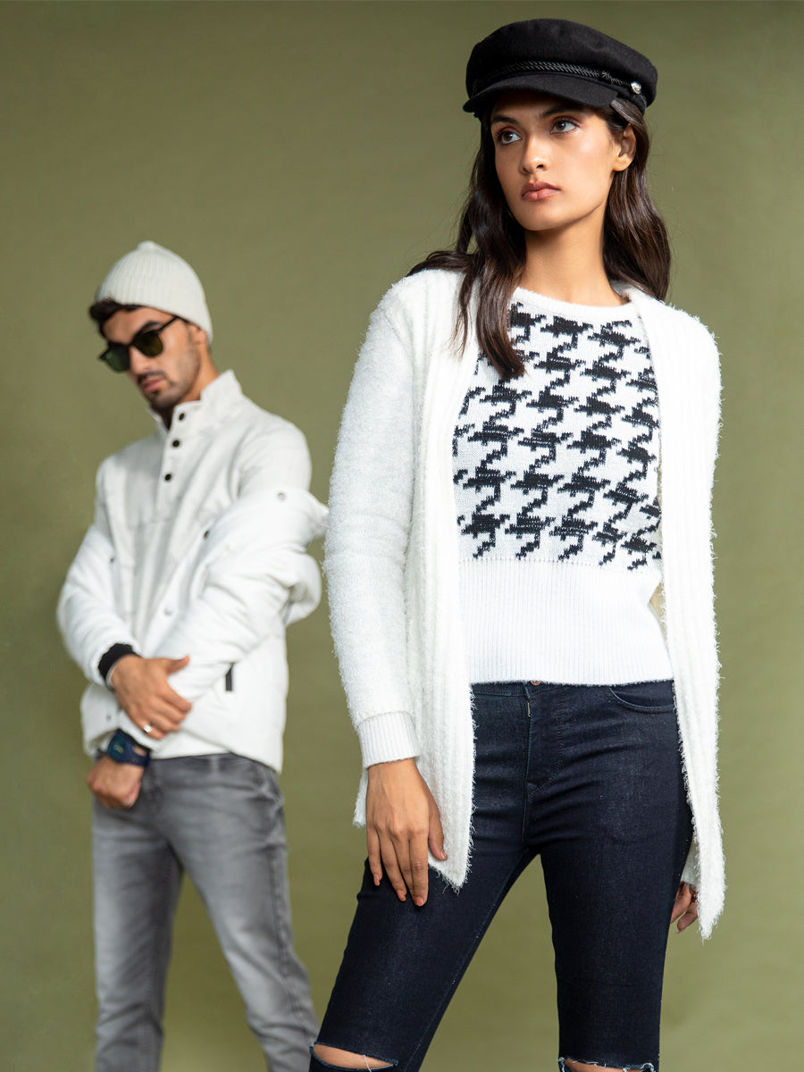 White Printed Cropped Sweater - Women Sweaters