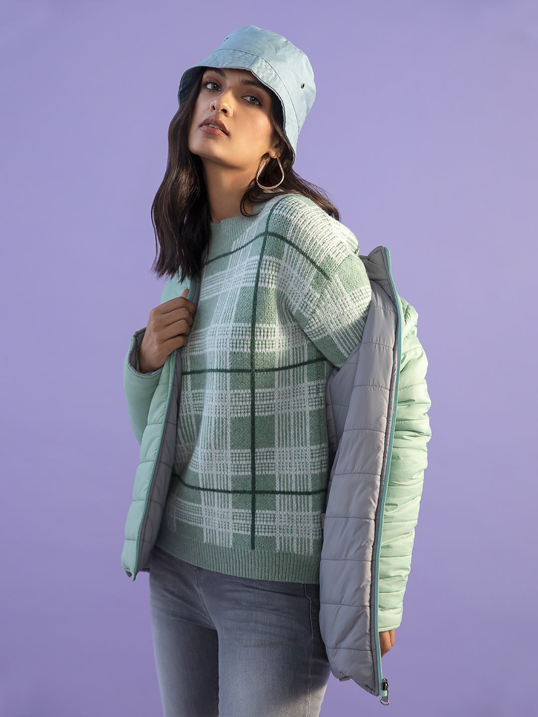 Green Checked Mock Neck Sweater - Women Sweaters