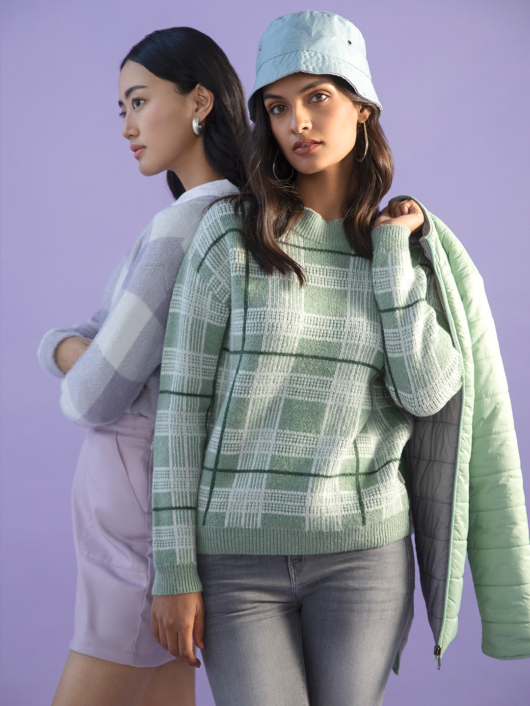 Green Checked Mock Neck Sweater - Women Sweaters