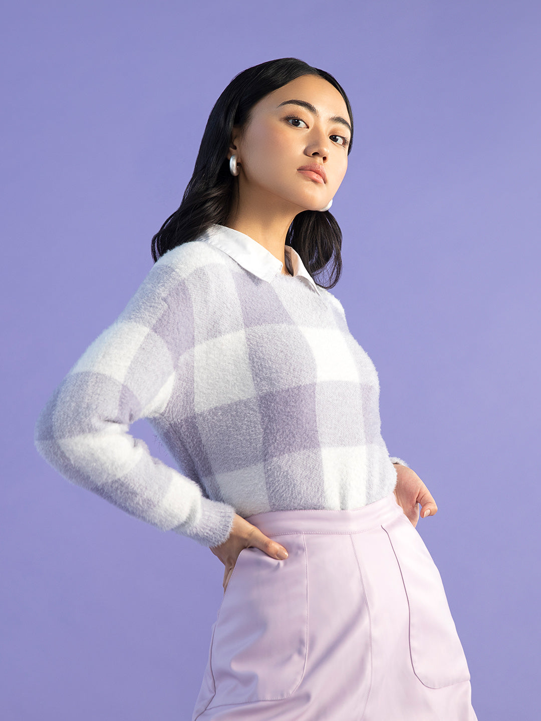 White Checked Round Neck Sweater - Women Sweaters