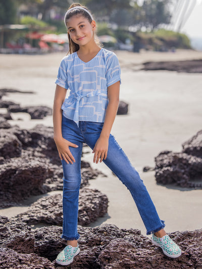 Blue Printed V-Neck Top - Girls Tops