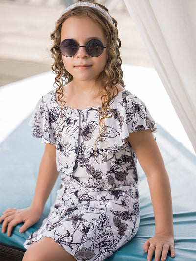 Black Printed Square Neck Dress - Girls Dress